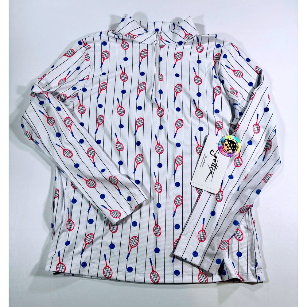 X by Gottex Tennis Top Quarter Zip Pickleball Print Long Sleeve White Pink Small